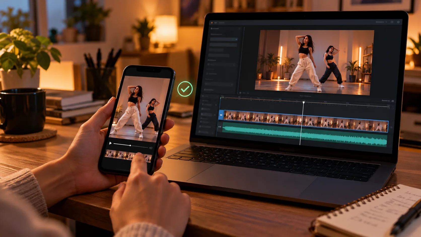A creator reviews a generic dance clip on a phone and checks a separate audio lane in an unbranded editing timeline