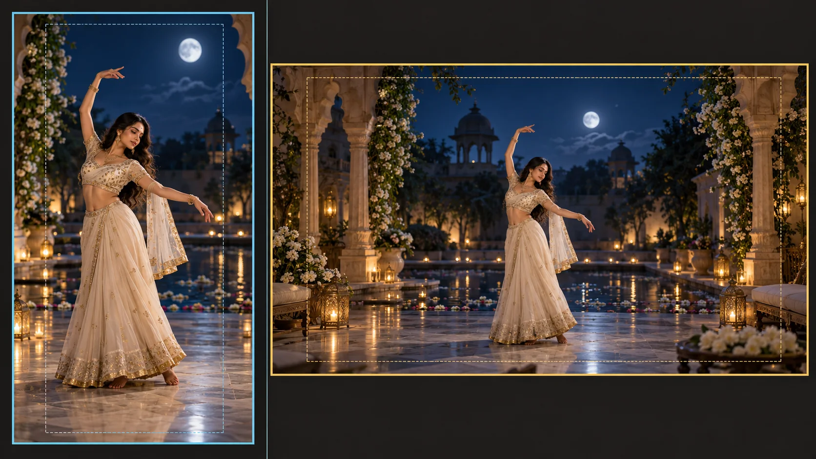 Side-by-side composition guide comparing vertical and horizontal crops for the same original dance scene