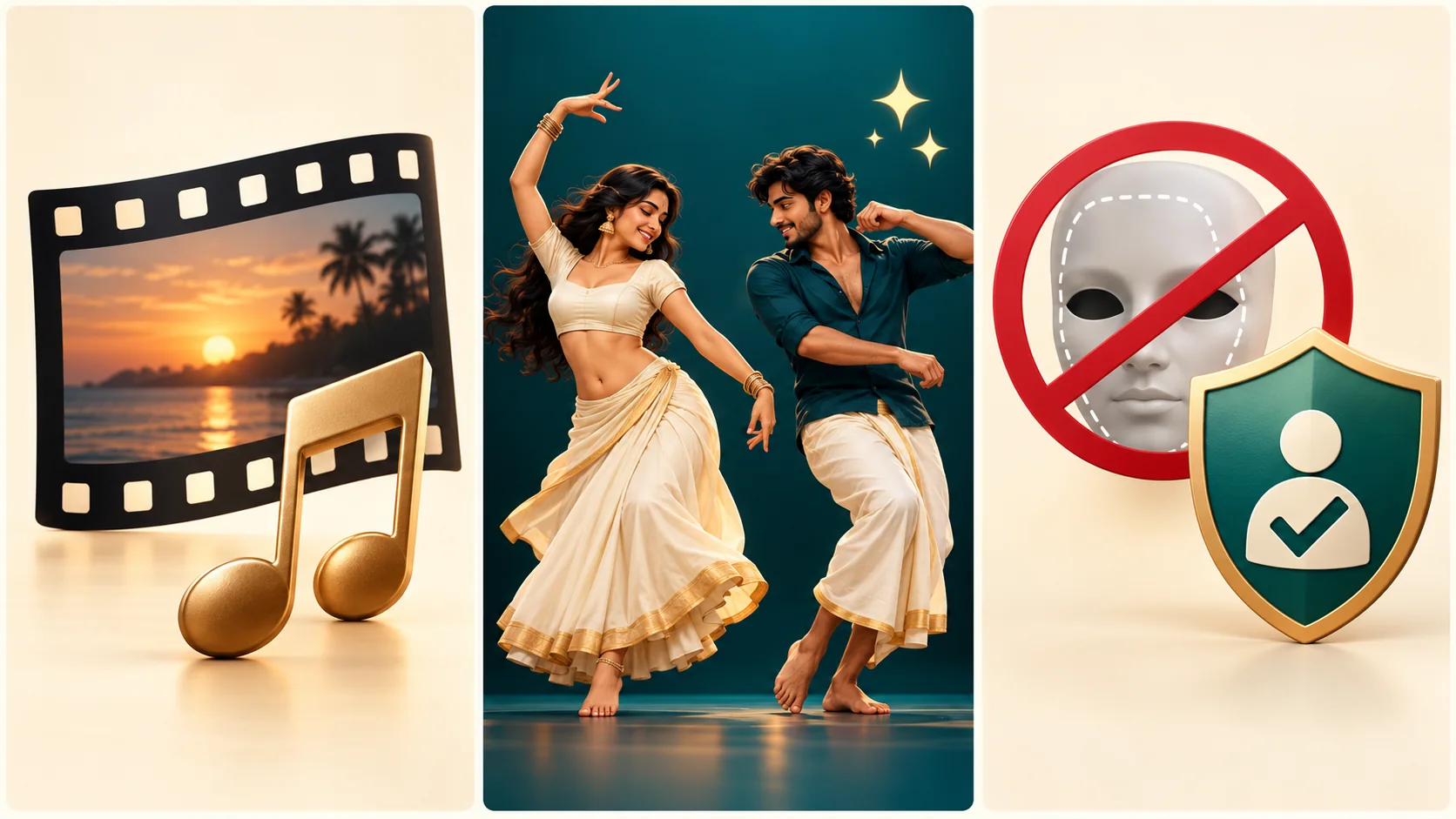 Three-panel illustration distinguishes the original song, a newly generated dance scene, and a consent-first choice