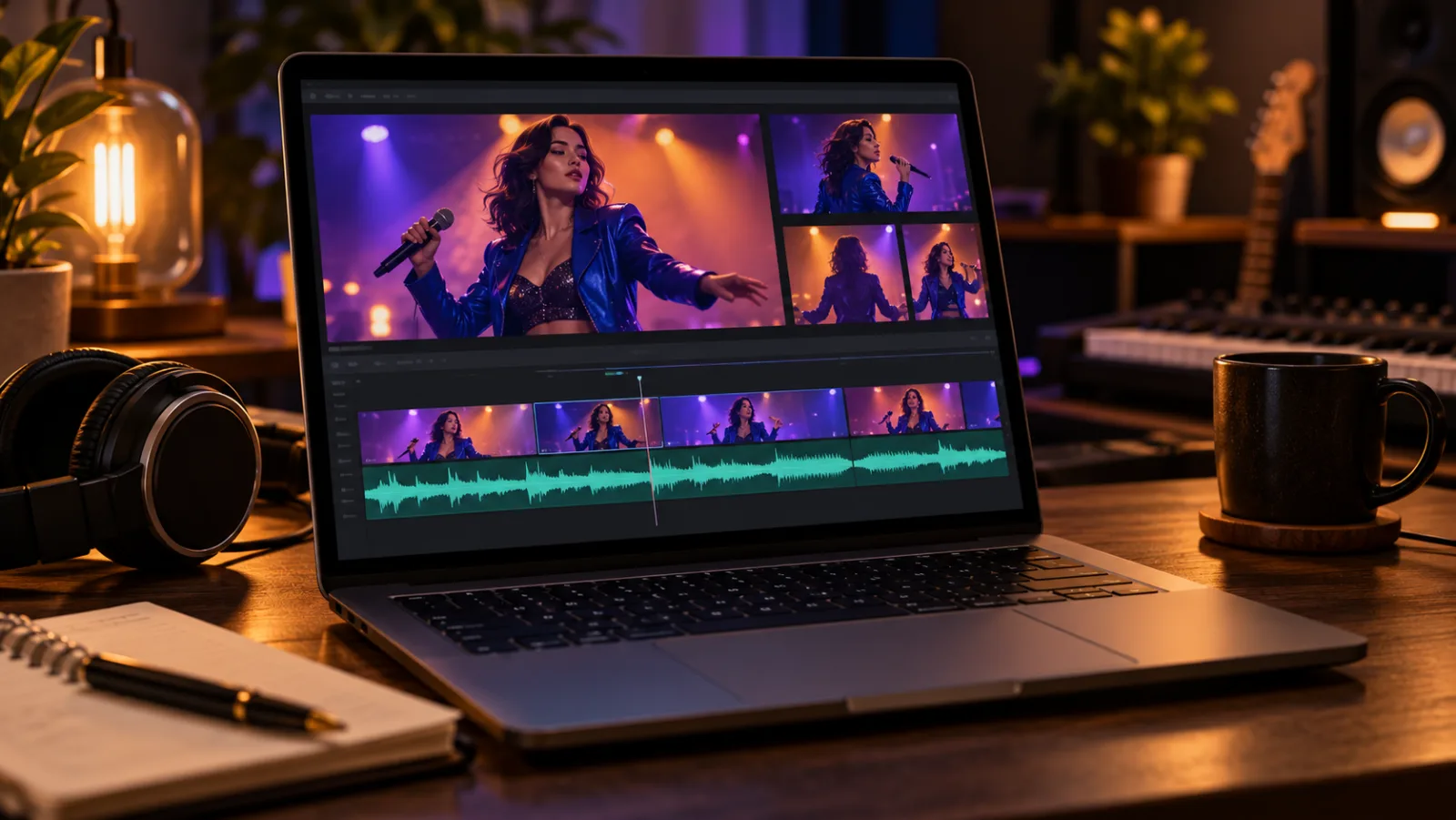 Editorial illustration of a creator reviewing a pop video timeline with separate visual and audio tracks