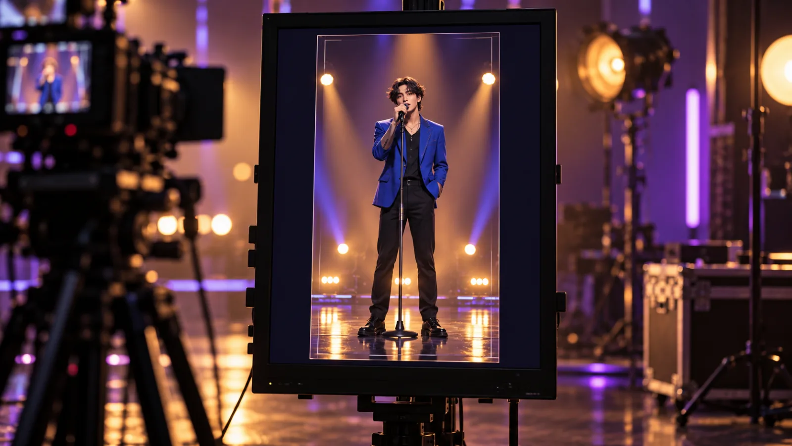 Editorial framing illustration showing a fictional performer centered inside a portrait video composition
