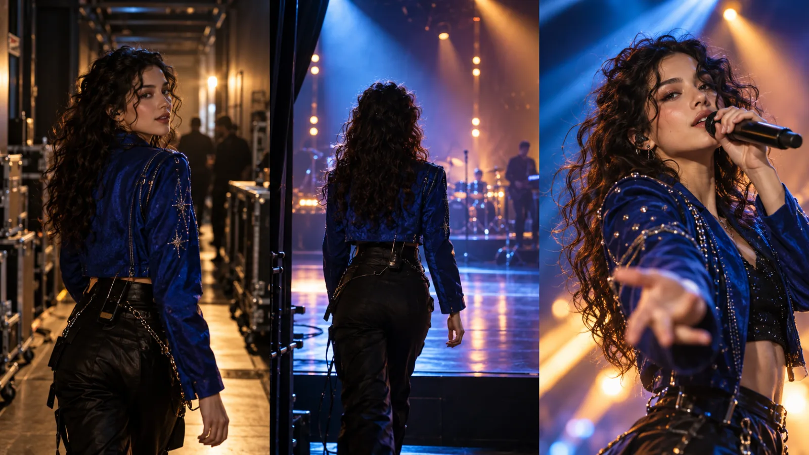 Three-panel editorial storyboard showing a fictional pop performer entering, performing, and holding a final pose