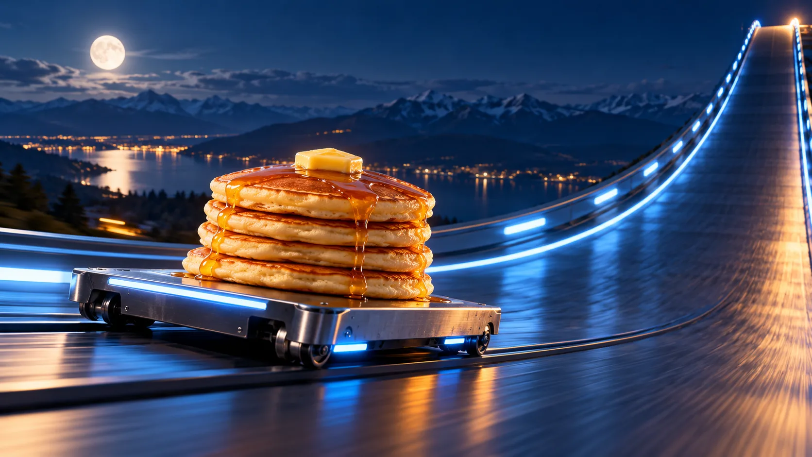 Illustrative camera path with a stable stack of pancakes traveling upward on a curved illuminated ramp