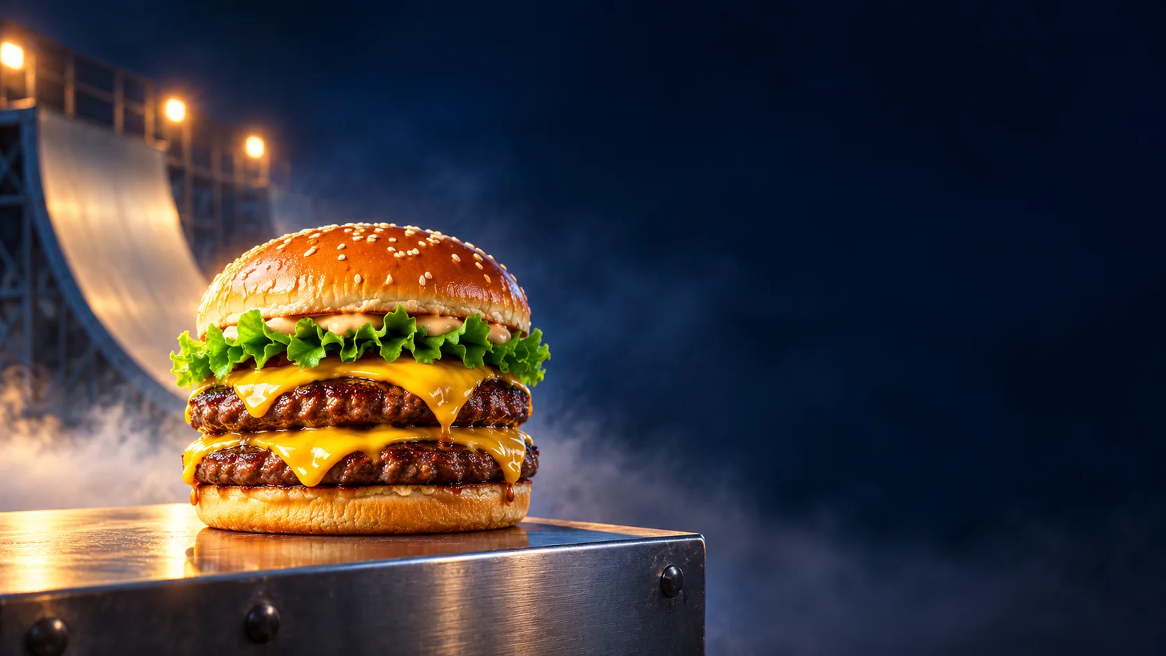 Illustrative final landing frame with the burger held still on the platform and clear space around the product