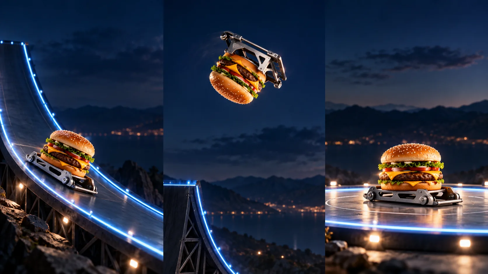 Illustrative three-panel storyboard showing a burger climbing a curved ramp, making one controlled turn, and landing on a platform