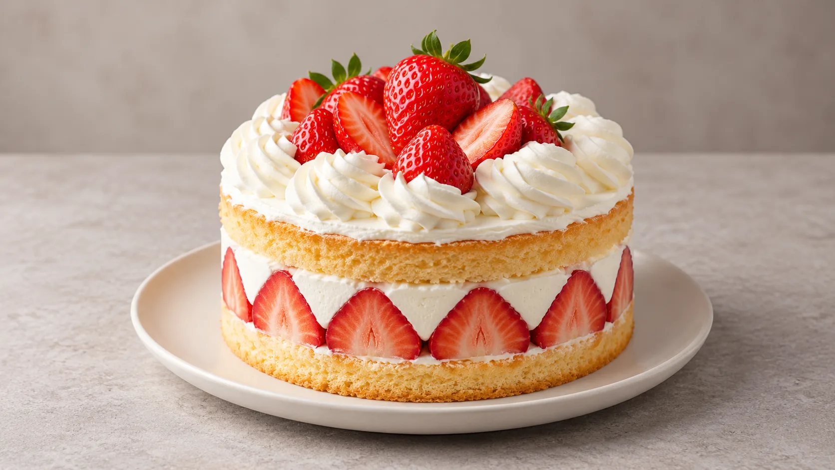 Original illustrative strawberry cake product photo used as a reference-image example for a ramp video