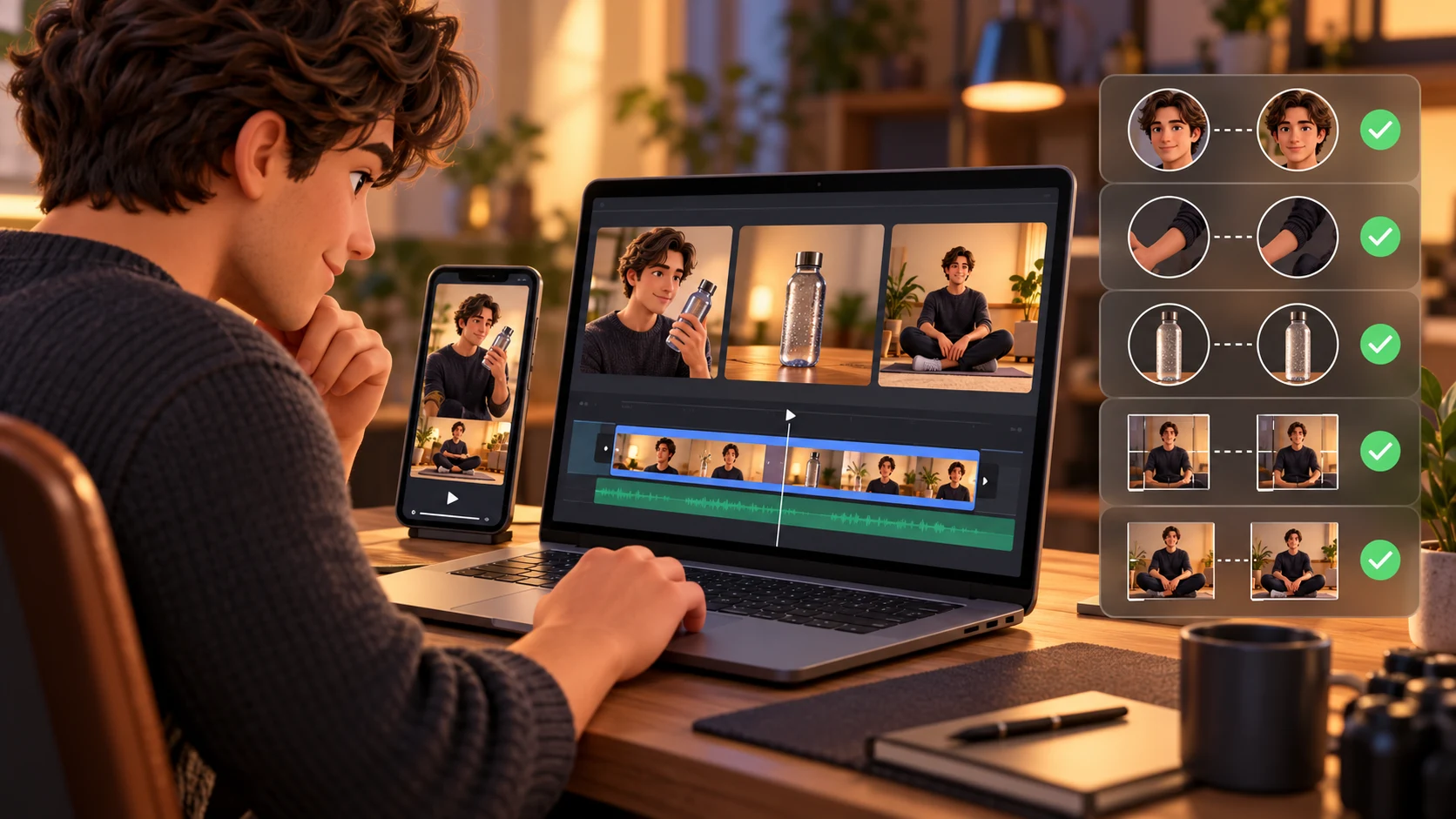 Creator reviewing a generic AI video timeline with a frame-by-frame checklist