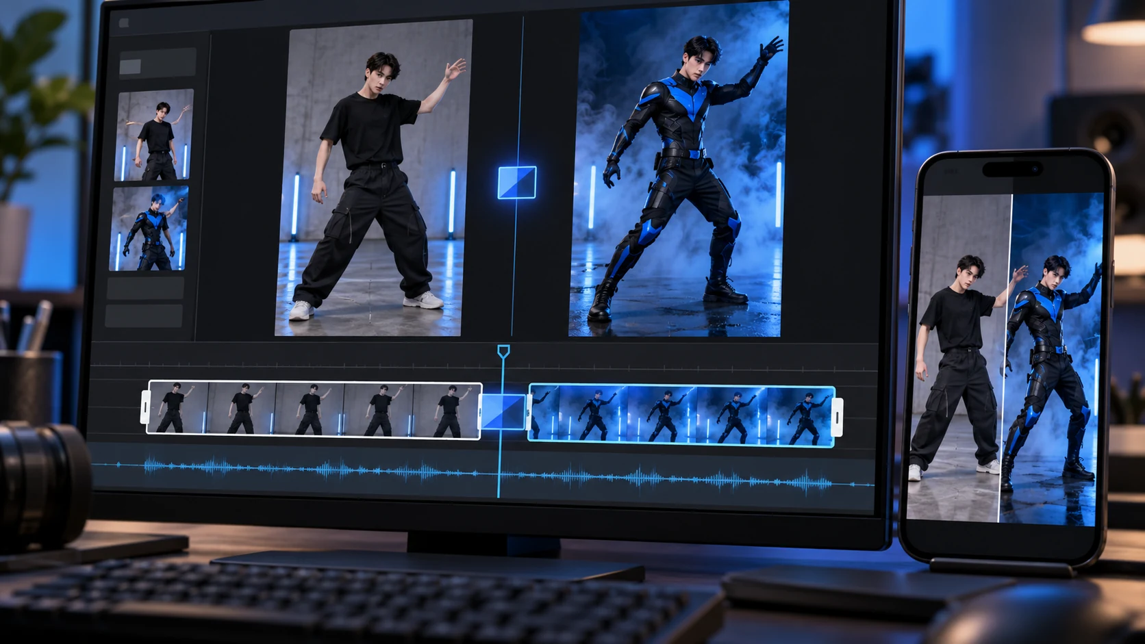 Editing timeline with original and transformed clips aligned on one beat, plus a separate caption track