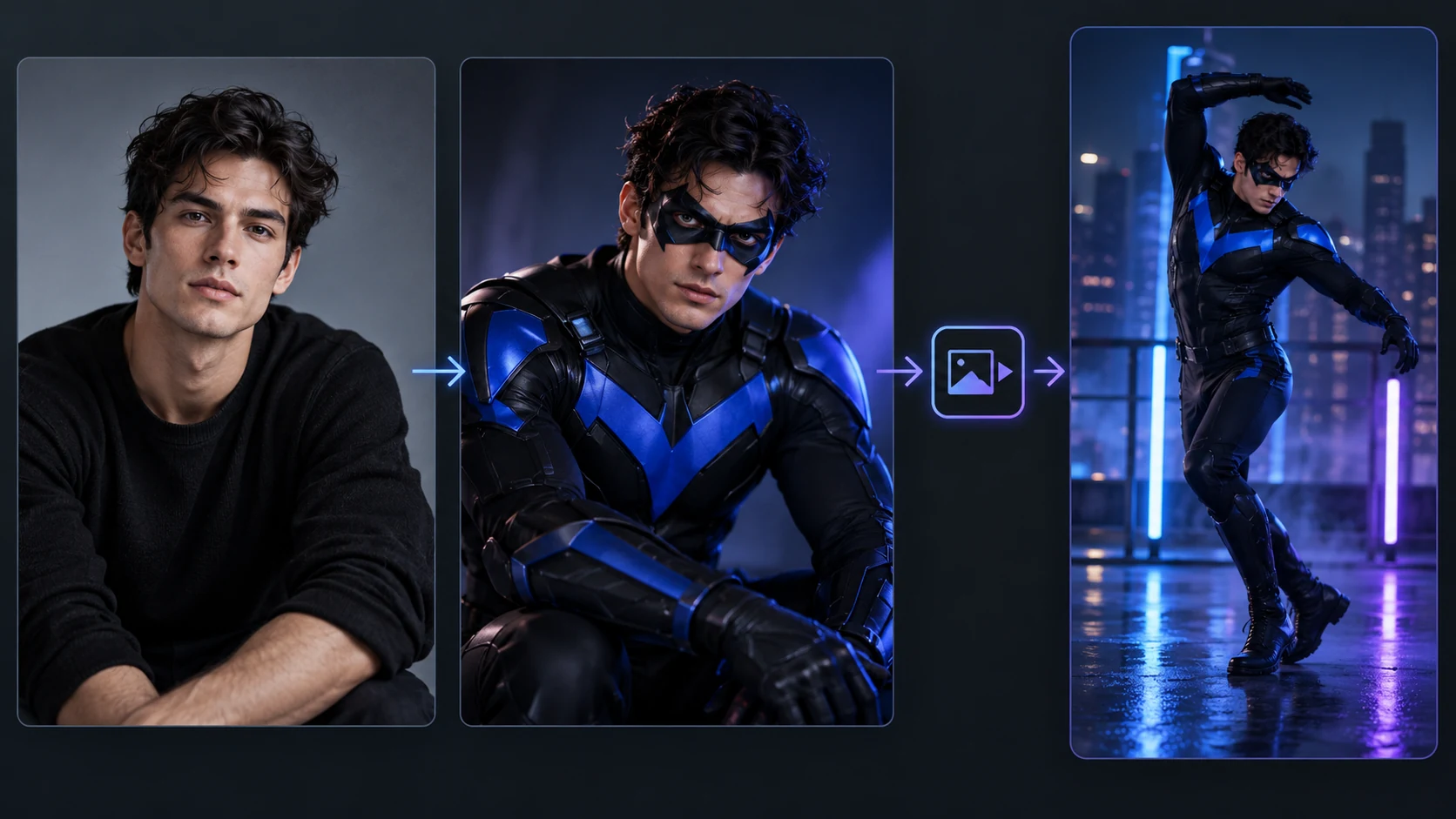 Workflow overview showing a source portrait, an original blue-and-black superhero still, a short motion pass, and a finished vertical edit