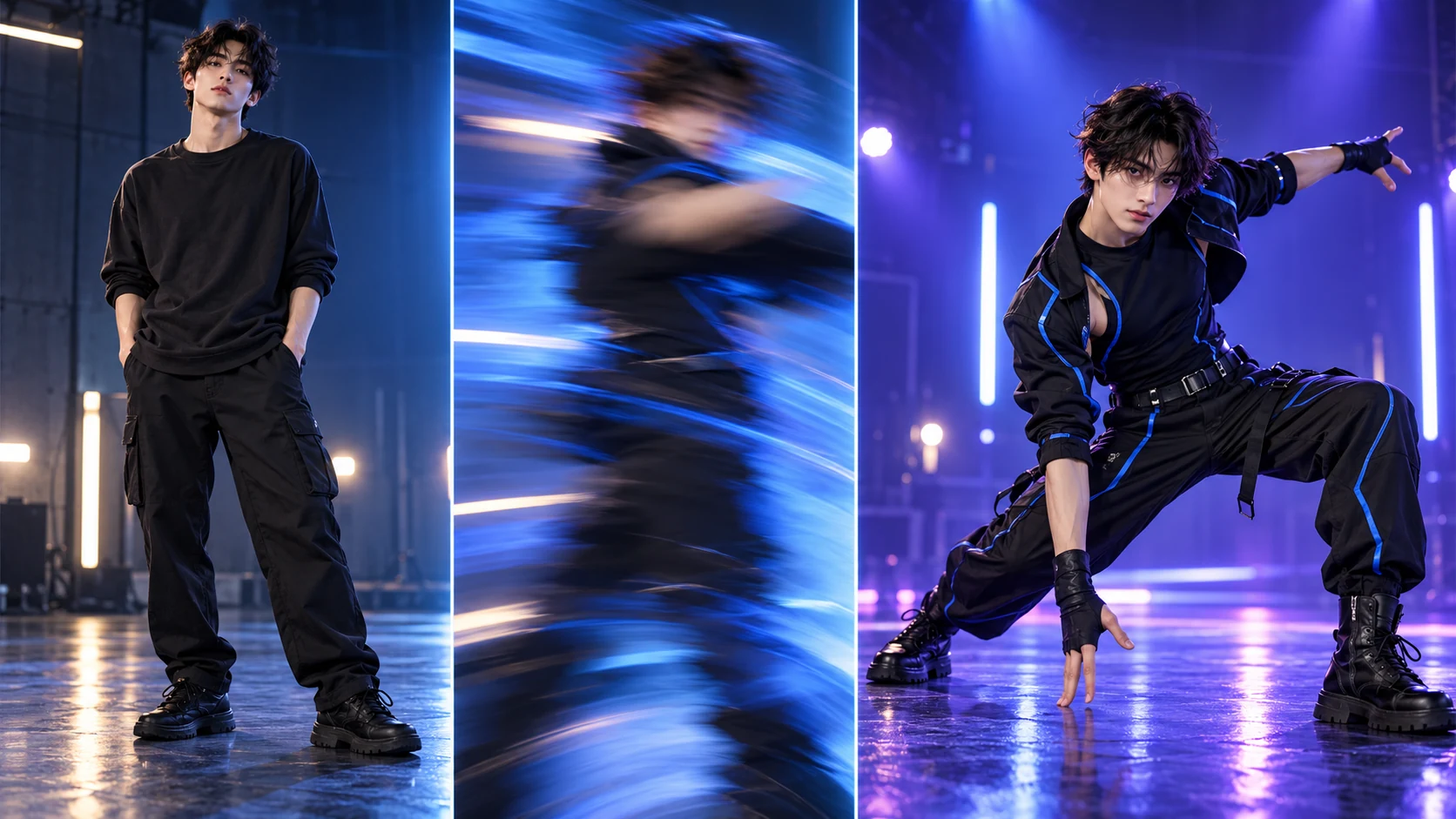 Camera motion comparison illustrating a restrained push-in beside a fast whip transition