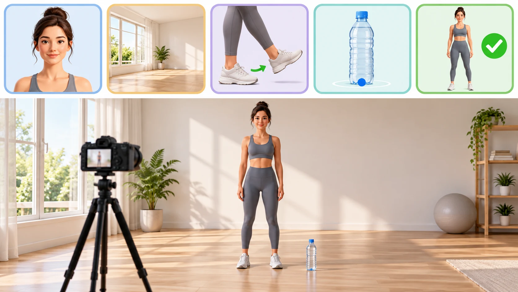 Prompt structure graphic: adult subject, clear setting, gentle motion, bottle anchor, and balanced finish