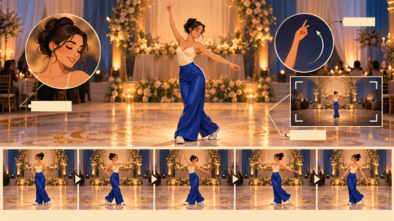 Illustrated prompt planning workspace with a dancer reference and motion notes