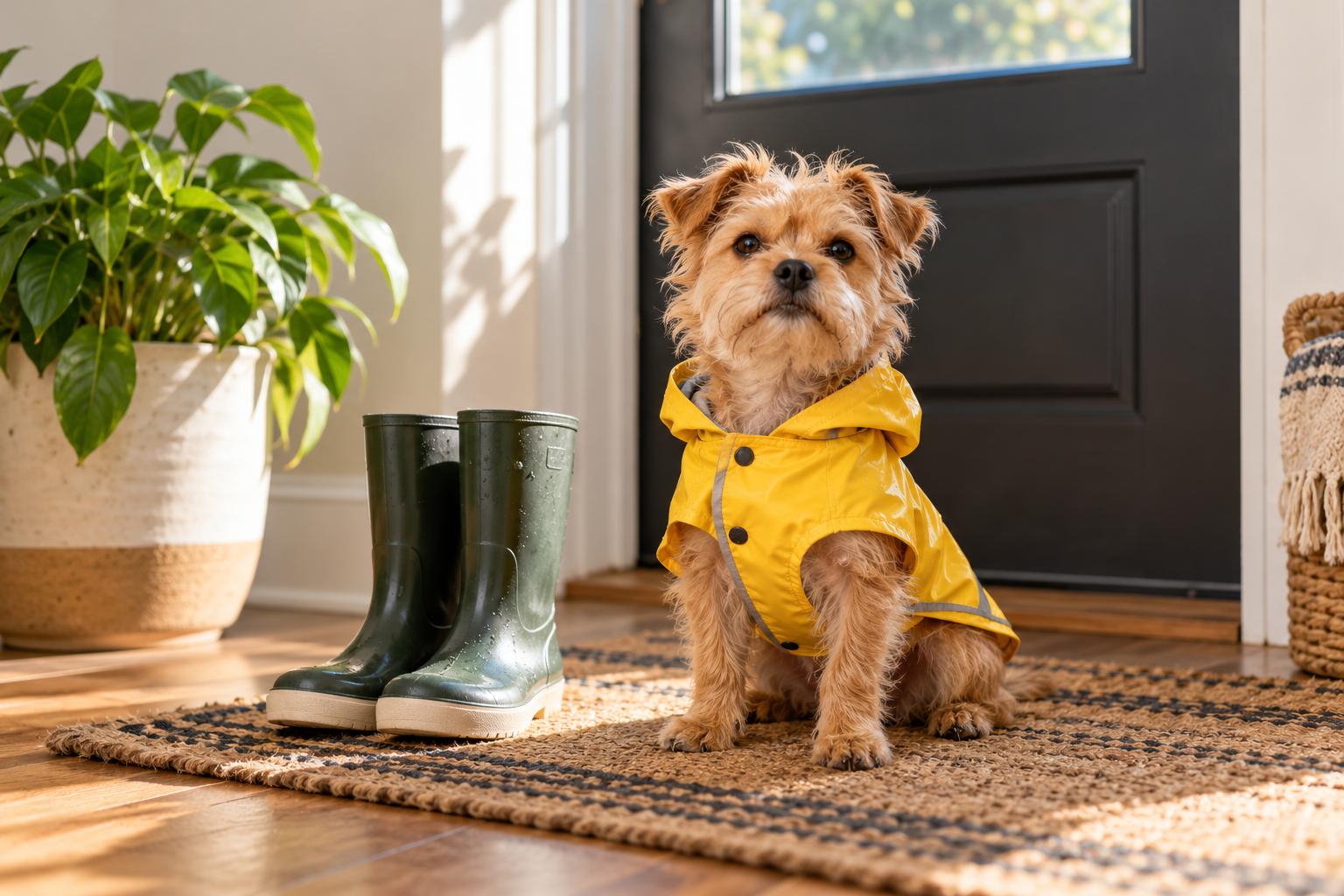 A small terrier in a yellow rain jacket gives a deadpan look, one simple way to personalize the pet-video setup.