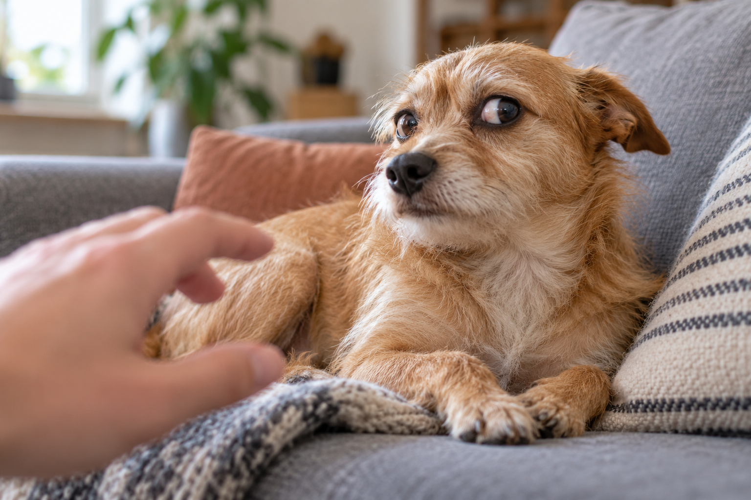 A tan terrier gives a comically serious side-eye on a couch, echoing the “if you grab me imma bite you” AI pet meme.