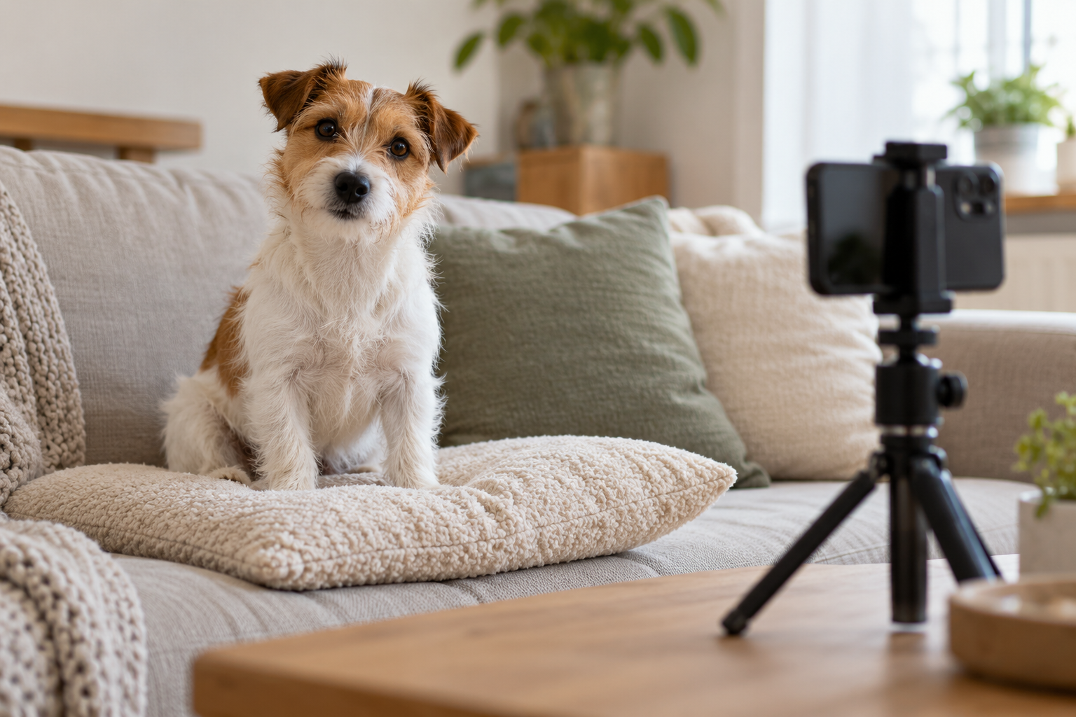 A small terrier sits at camera height beside a phone on a tripod, ready for a simple, readable video shot.