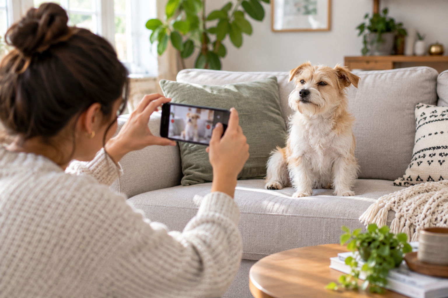 A creator frames a relaxed dog on a sofa with a phone, showing the simple setup behind a pet-video concept.