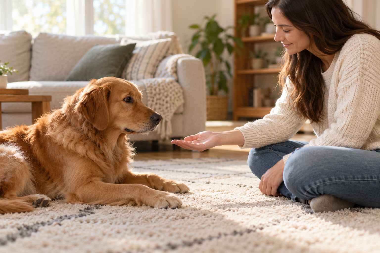 A relaxed dog rests beside its owner, who offers an open hand and leaves the pet space to approach or move away.