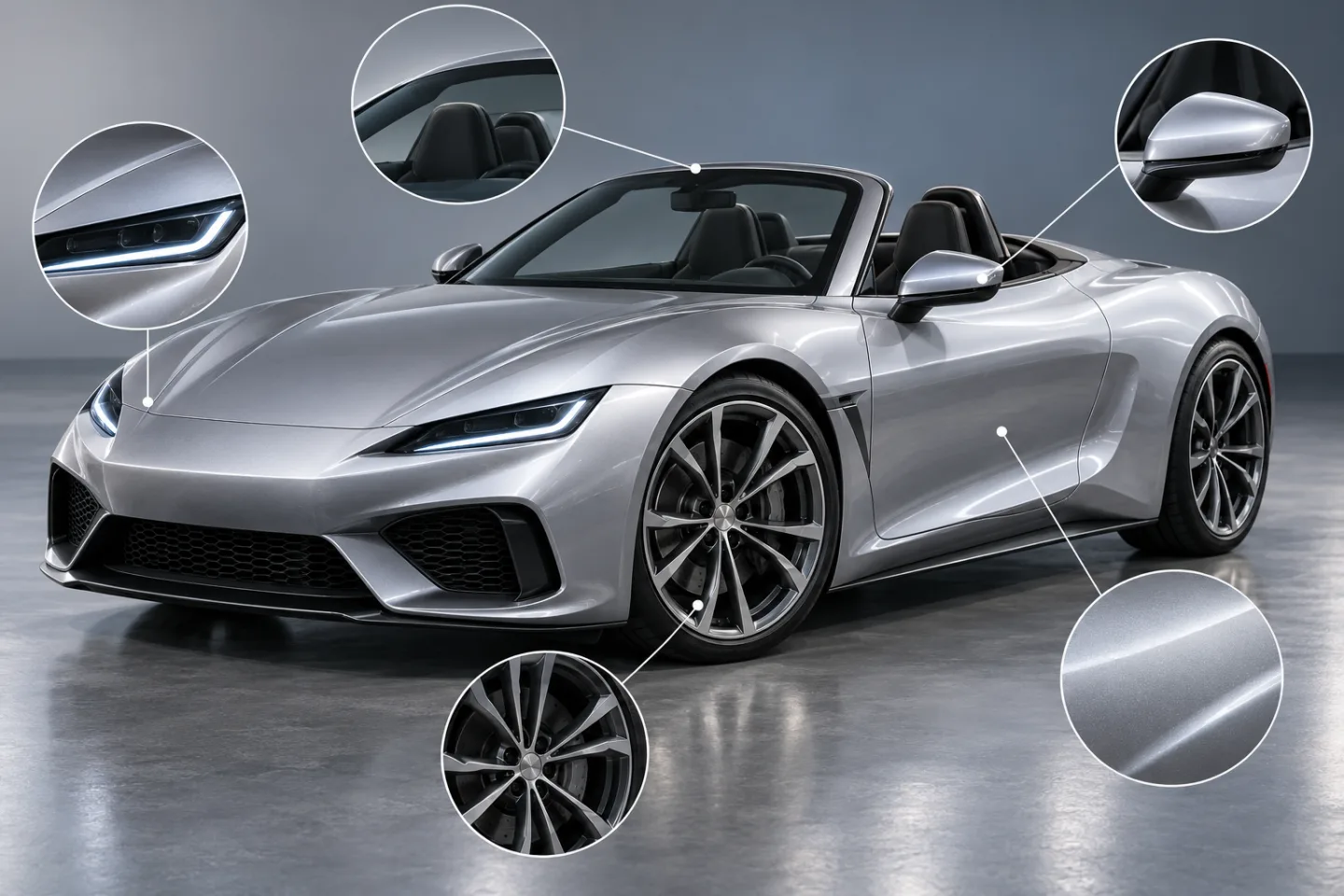 Illustrative continuity diagram highlighting the roadster's roofline, wheel placement, lights, and body color as visual anchors