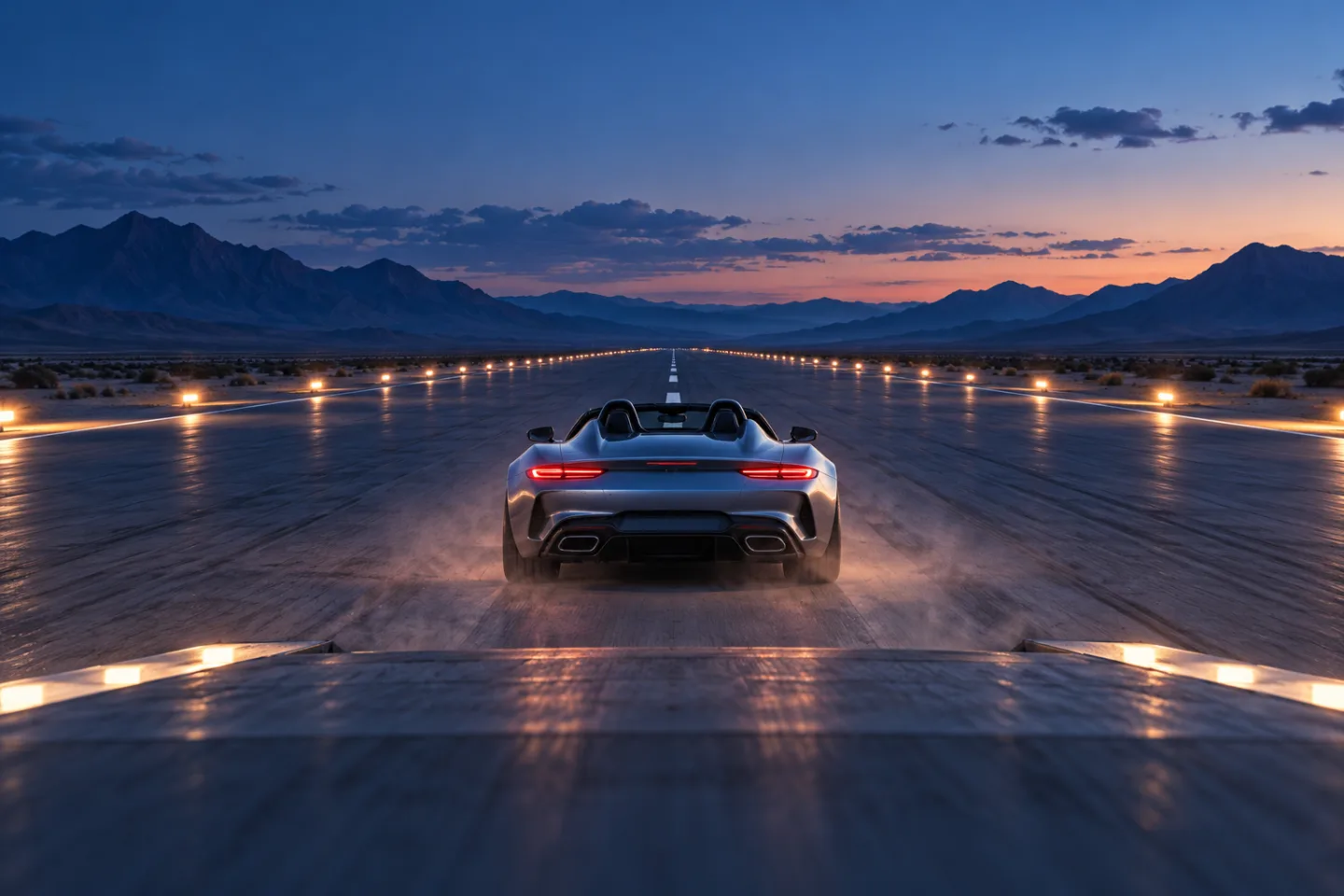Illustrative final frame: the unbranded silver roadster upright on a broad runway after the fictional ramp sequence