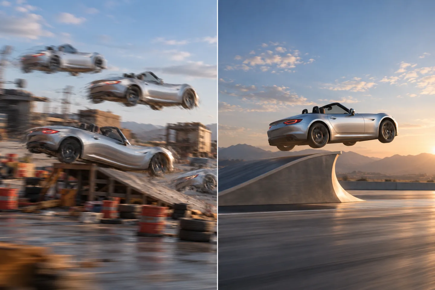 Illustrative before-and-after prompt fix: a warped, cluttered ramp scene beside a clearer stable roadster shot