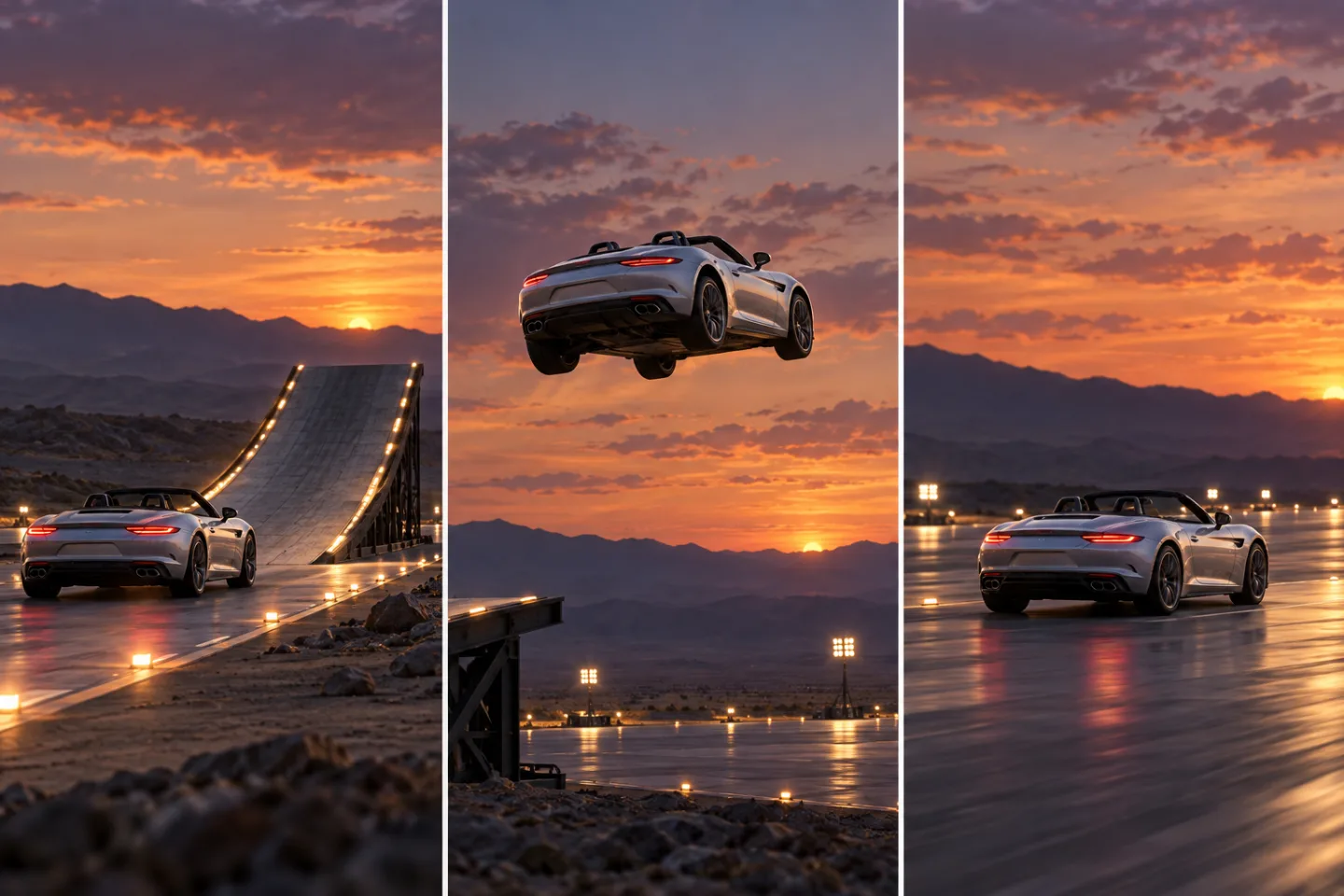 Illustrative triptych showing one unbranded roadster approaching a curved ramp, rising into the air, and landing upright